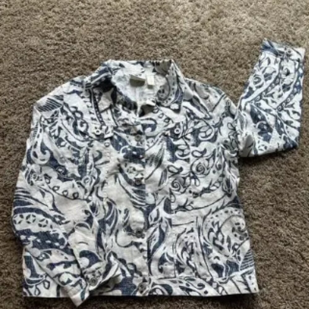 CHICO'S size 2 (L) JACKET 100% LINEN Blue White Long Sleeve BEAUTIFUL F24